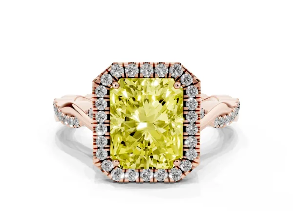 Fancy Yellow Radiant Cut Halo Twist Band Solitaire Ring Rose gold