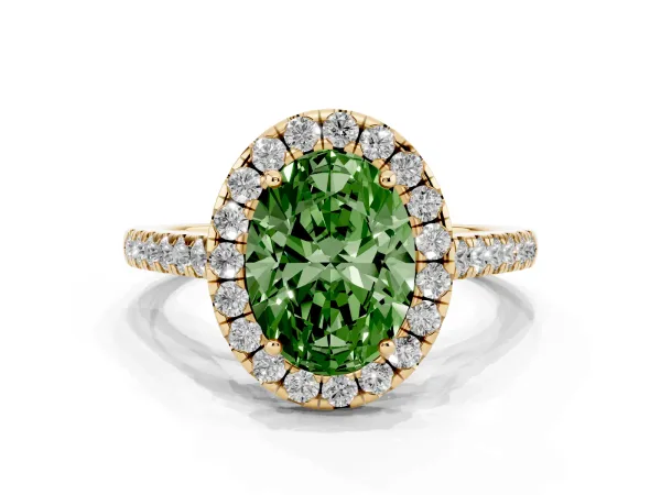 Fancy Green Oval Cut Halo Pave Diamond Engagement Ring with Four-Prong Setting Yellow gold
