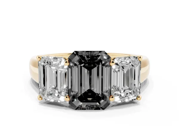 Fancy Black Emerald Cut Three-Stone Diamond Ring with Prong Setting on a Classic Band Yellow gold