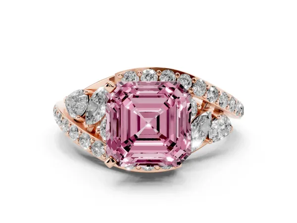 Fancy Pink Asscher Cut Diamond Halo Ring with Marquise and Pavé Band in Prong Setting Rose gold