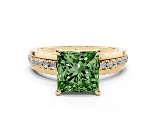 Fancy Green Princess Cut Solitaire Diamond Ring with Channel Set Band and Six-Prong Setting Yellow gold
