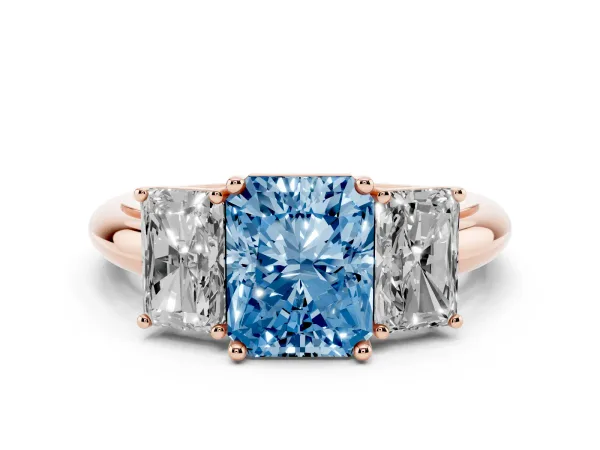 Fancy Blue Three-Stone Radiant Cut Cut Diamond Engagement Ring with Prong Setting on a White Gold Band Rose gold