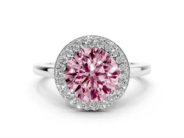Fancy Pink Round Cut Halo Diamond Engagement Ring with Solitaire Band and Four-Prong Setting White gold