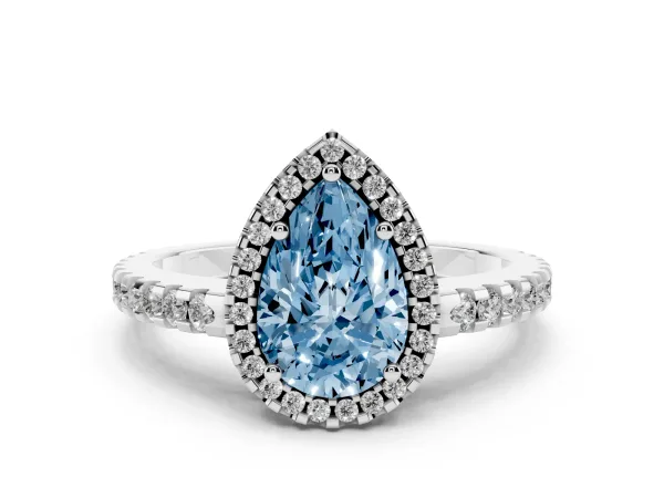 Fancy Blue Pear Cut Diamond Halo Engagement Ring with Pavé Band and Prong Setting Platinum