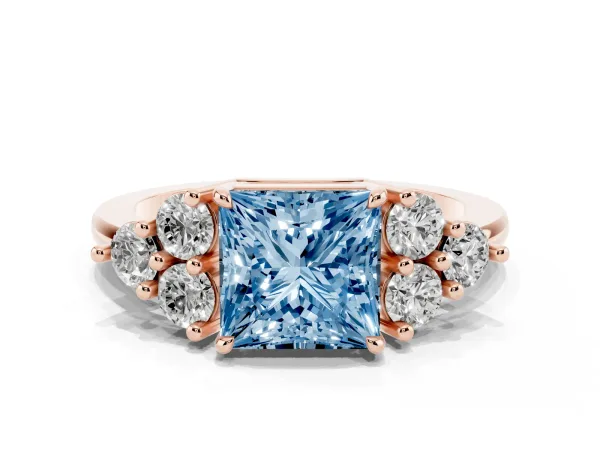 Fancy Blue Princess Cut Brilliant Diamond Cluster Accent Solitaire Ring with Prong Setting Rose gold