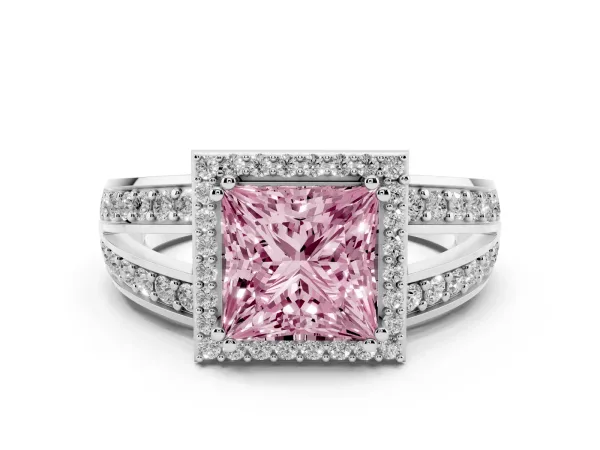 Fancy Pink Princess Cut Diamond Halo Ring with Split Shank Pavé Band and Four-Prong Setting Platinum