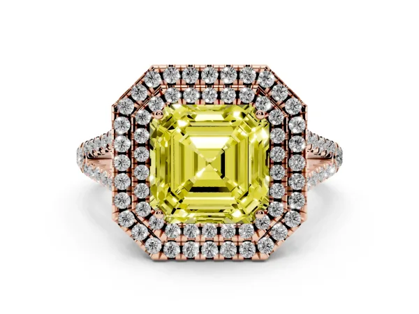 Fancy Yellow Asscher Cut Diamond Double Halo Ring with Pavé Band and Prong Setting Rose gold
