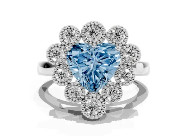 Fancy Blue Heart Cut Halo Diamond Cluster Engagement Ring with Milgrain Bezel Setting and Solitaire Band Platinum