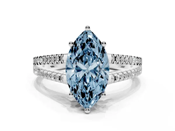 Fancy Blue Marquise Cut Diamond Solitaire Engagement Ring with Split Shank Pavé Band White gold