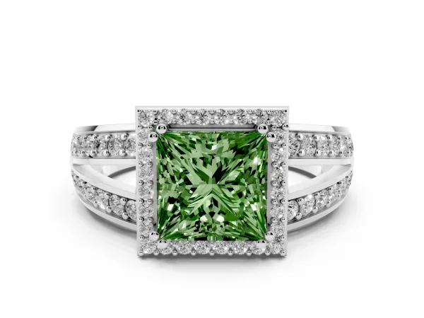 Fancy Green Princess Cut Diamond Halo Ring with Split Shank Pavé Band and Four-Prong Setting Platinum