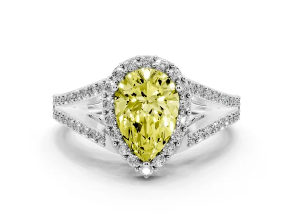 Fancy Yellow Pear Cut Halo Split Shank Diamond Ring with Prong Setting White gold