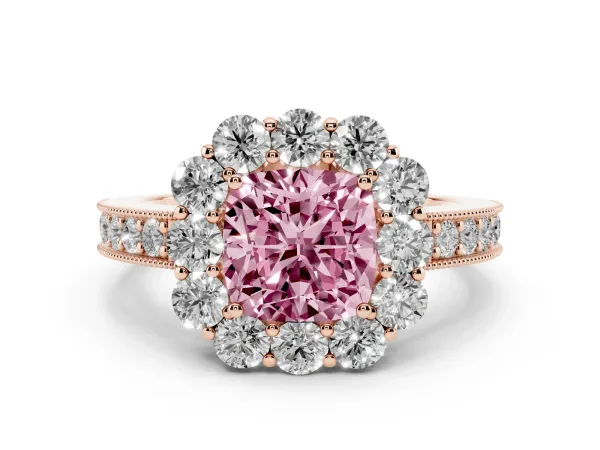 Fancy Pink Cushion Cut Cut Halo Diamond Pavé Engagement Ring with Milgrain Detailing Rose gold