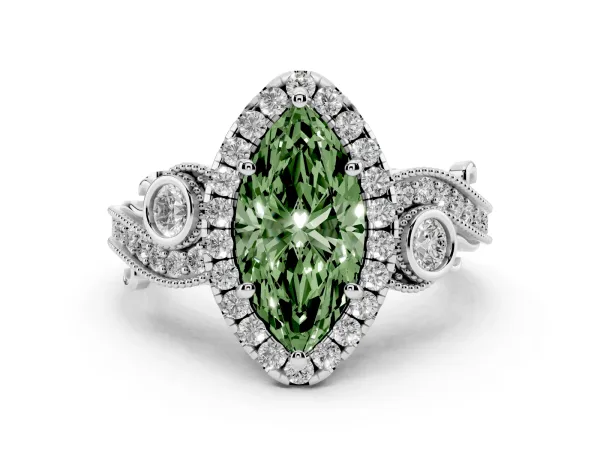 Fancy Green Marquise Cut Halo Diamond Ring with Milgrain and Bezel Accents on a Split Shank Band White gold