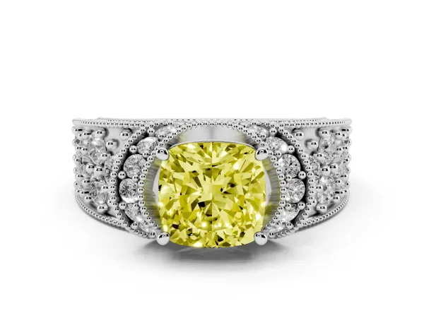 Fancy Yellow Cushion Cut Halo Pave Diamond Engagement Ring with Milgrain Detailing Platinum