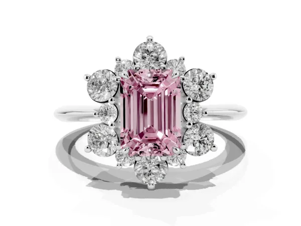Fancy Pink Emerald Cut Diamond Cluster Halo Ring with Solitaire Band and Four-Prong Setting White gold