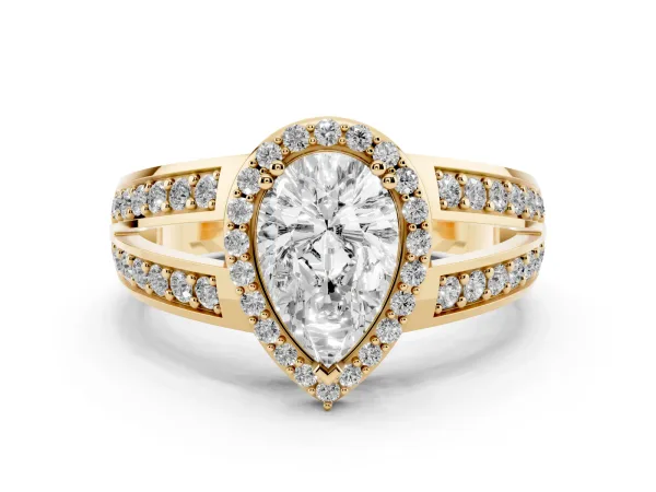 Pear Cut Diamond Halo Ring with Split Shank Pavé Band and Four-Prong Setting Yellow gold