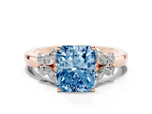 Fancy Blue Radiant Cut Cut Solitaire Floral Diamond Ring with Four-Prong Setting Rose gold