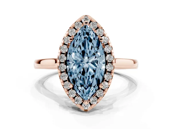 Fancy Blue Marquise Cut Halo Round Diamond Solitaire Ring with Pavé Band and Four-Prong Setting Rose gold
