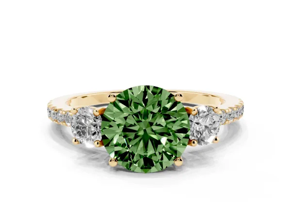 Fancy Green Three-Stone Round Cut Cut Diamond Pavé Band with Prong Setting Yellow gold