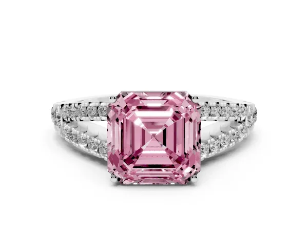 Fancy Pink Asscher Cut Diamond Split Shank Pavé Engagement Ring with Four-Prong Setting Platinum