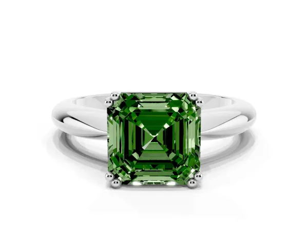 Fancy Green Asscher Cut Cut Solitaire Engagement Ring with Tapered Band and Four-Prong Setting White gold