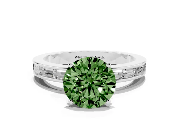 Fancy Green Round Cut Solitaire Diamond Ring with Channel-Set Baguette Band and Four-Prong Setting Platinum