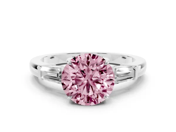 Fancy Pink Round Cut Diamond Three-Stone Ring with Tapered Baguette Side Stones and Prong Setting Platinum