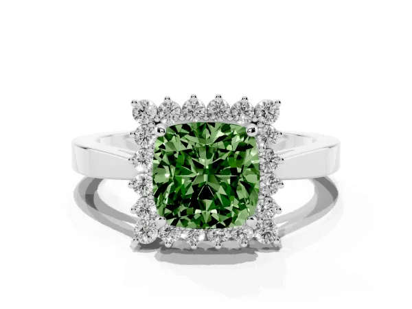 Fancy Green Cushion Cut Cut Diamond Halo Ring with Round Brilliant Halo and Solitaire Band Platinum