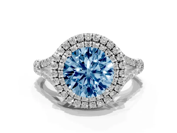 Fancy Blue Round Cut Cut Double Halo Split Shank Diamond Ring with Prong Setting White gold