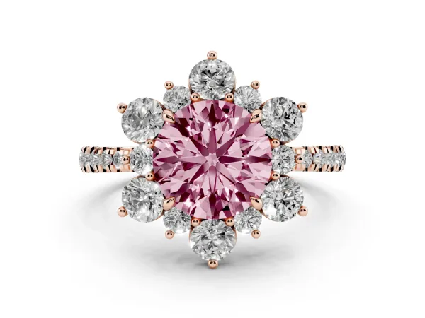 Fancy Pink Round Cut Diamond Floral Halo Ring with Round Pavé Band and Prong Setting Rose gold