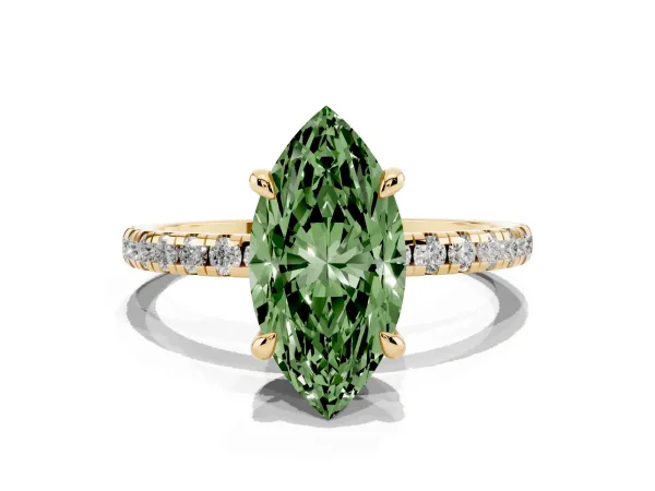 Fancy Green Marquise Cut Diamond Brilliant Solitaire Ring with Pavé Band and Four-Prong Setting Yellow gold