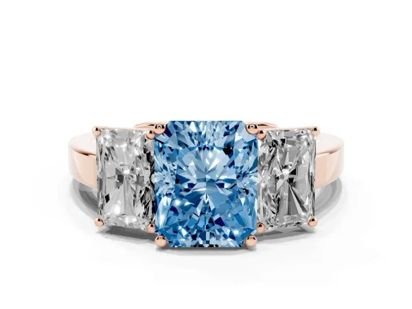 Fancy Blue Three-Stone Radiant Cut Cut Diamond Engagement Ring with Flat Band and Four-Prong Setting Rose gold