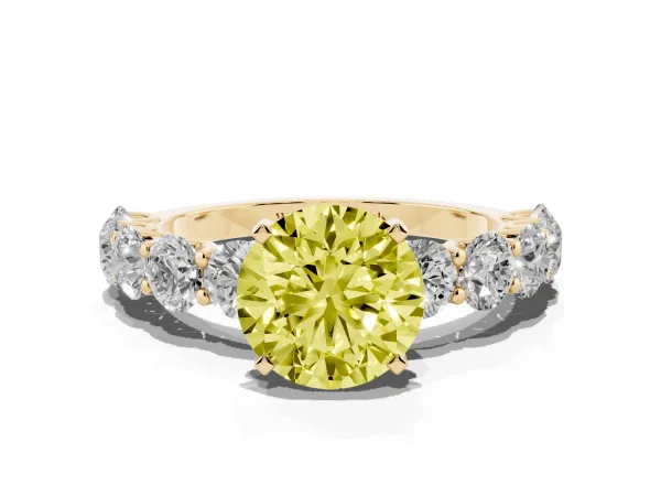 Fancy Yellow Round Cut Diamond Prong Setting with Side Stones on a Pave Band Yellow gold