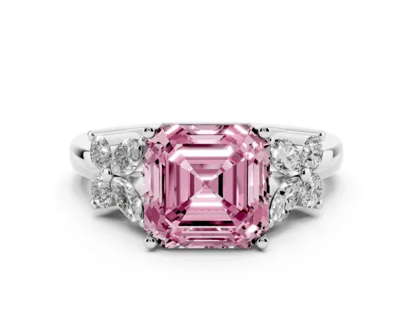 Fancy Pink Asscher Cut Diamond Floral Cluster Ring with Solitaire Band and Prong Setting White gold