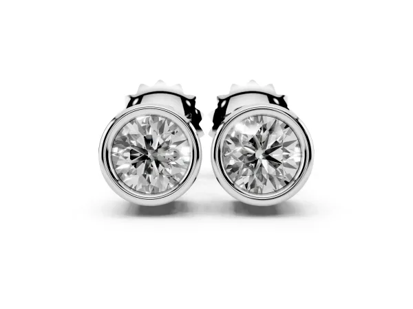 Bezel Set Round Diamond Stud Earrings with Push Back Silver