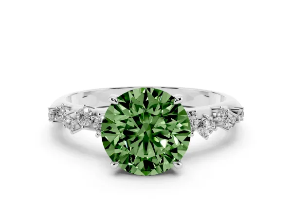 Fancy Green Round Cut Diamond Cluster Side Stone Solitaire Ring with Prong Setting White gold