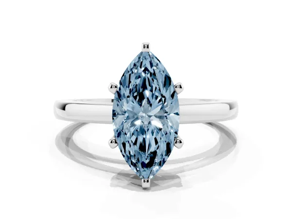 Fancy Blue Marquise Cut Solitaire Diamond Engagement Ring with Four-Prong Setting on a Classic Band Platinum