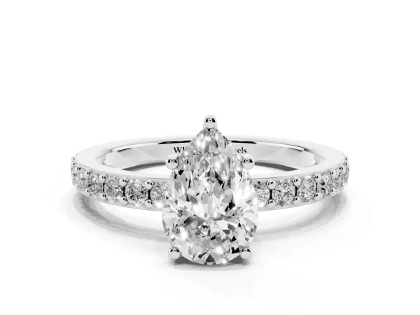 Pear Cut Cut Diamond Solitaire with Pave Band and Four-Prong Setting Platinum