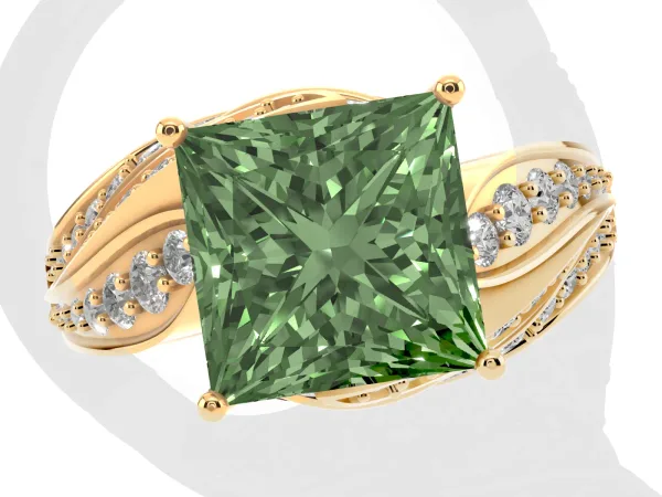 Fancy Green Princess Cut Diamond Solitaire Ring with Prong Setting and Twisted Pavé Band Yellow gold