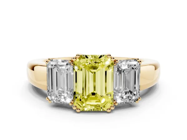 Fancy Yellow Three-Stone Emerald Cut Cut Diamond Ring with Channel Set Band and Four-Prong Setting Yellow gold