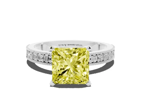 Fancy Yellow Princess Cut Diamond Milgrain Pavé Engagement Ring with Four-Prong Setting White gold
