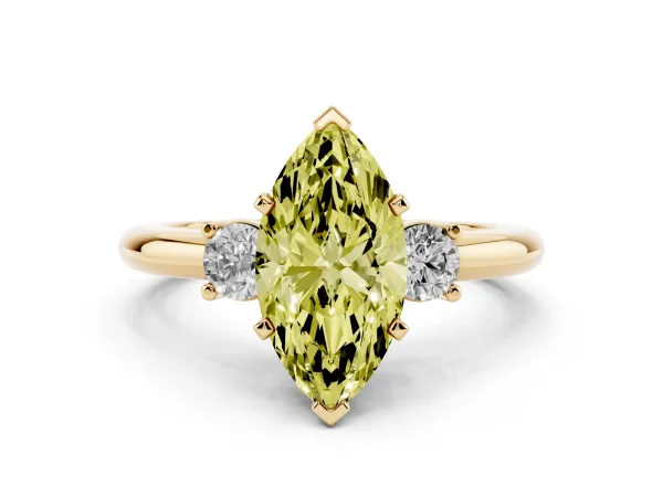 Fancy Yellow Three-Stone Marquise Cut Cut Diamond Solitaire with Prong Setting and Classic Band Yellow gold