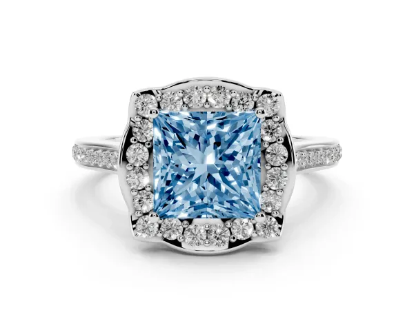 Fancy Blue Princess Cut Halo Round Diamond Pave Band with Four-Prong Setting Platinum