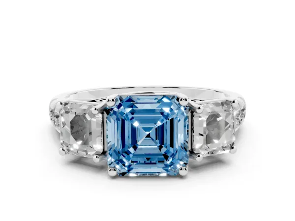 Fancy Blue Three-Stone Asscher Cut Diamond Pavé Band with Prong Setting Platinum
