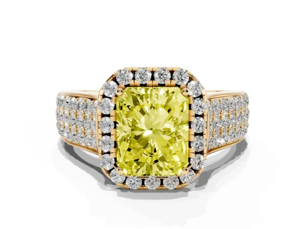 Fancy Yellow Radiant Cut Halo Round Diamond Pave Band with Prong Setting Yellow gold