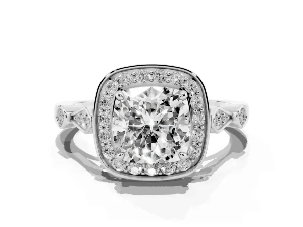 Cushion Cut Halo Diamond Engagement Ring with Twisted Band and Four-Prong Setting White gold