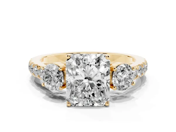 Radiant Cut Cut Diamond Three-Stone Ring with Round Side Stones and Pavé Band Yellow gold