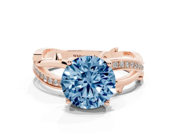 Fancy Blue Round Cut Solitaire Twist Band with Pavé Accents and Four-Prong Setting Rose gold