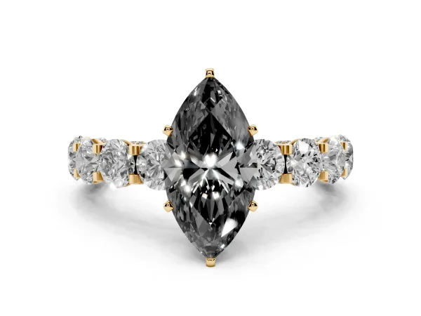 Fancy Black Marquise Cut Diamond Side Stone Engagement Ring with Four-Prong Setting Yellow gold