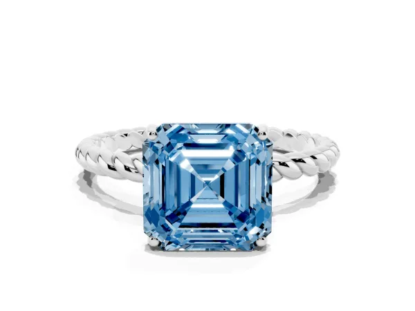 Fancy Blue Asscher Cut Solitaire Twisted Band 4-Prong Ring Platinum